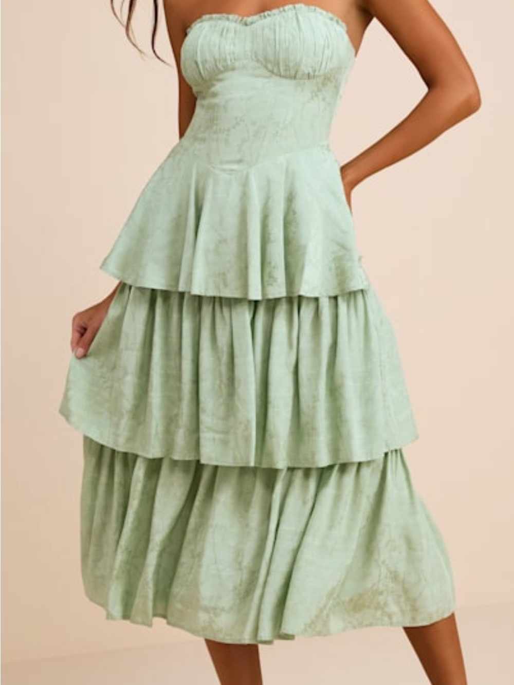 Lulu's Sage Green Strapless Tiered Midi Dress